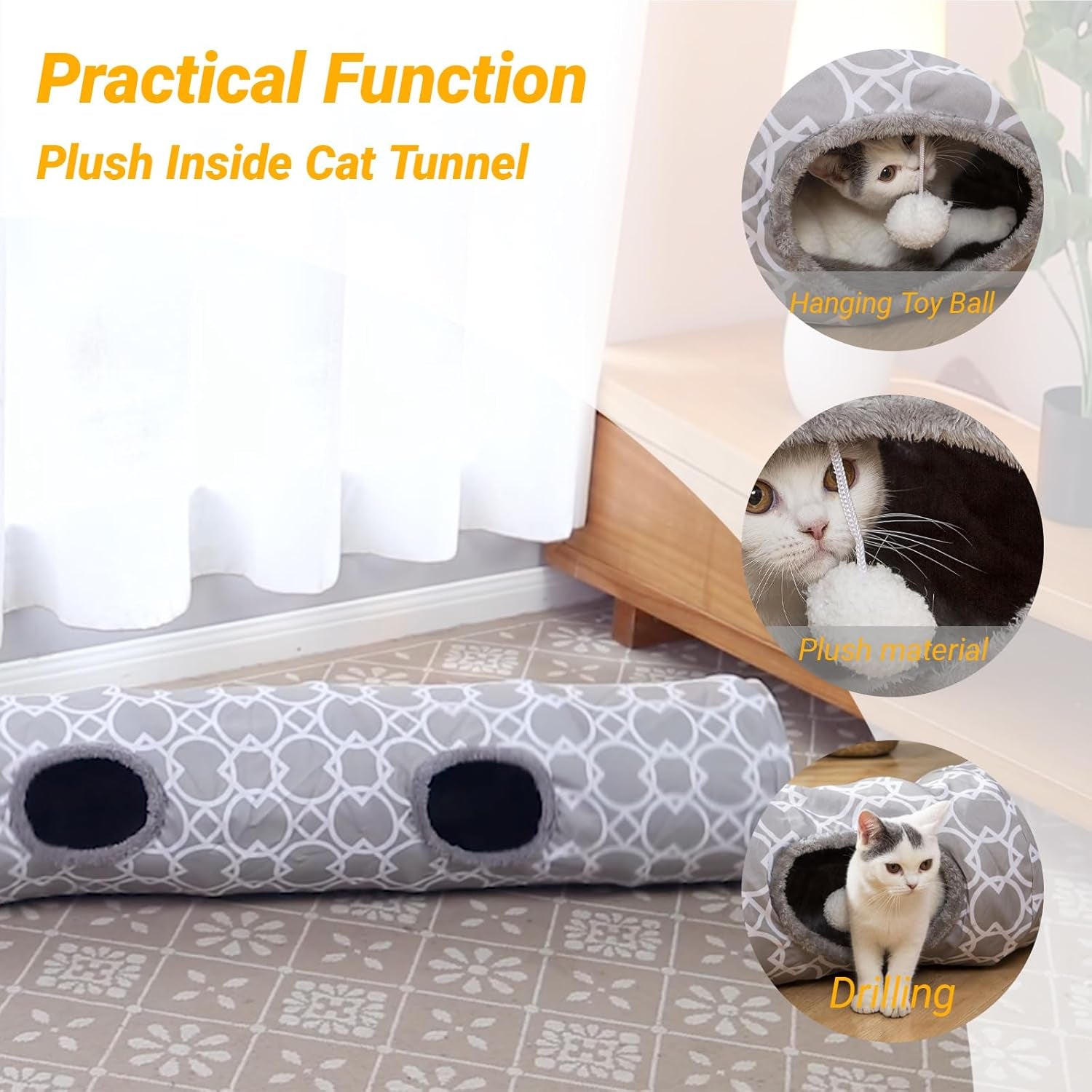 Geometric Straight Cat Tunnel with Plush Inside,Cats Toys Collapsible Tunnel Tube with Balls, for Rabbits, Kittens, Ferrets,Puppy and Dogs, Diameter 9.8 Inch