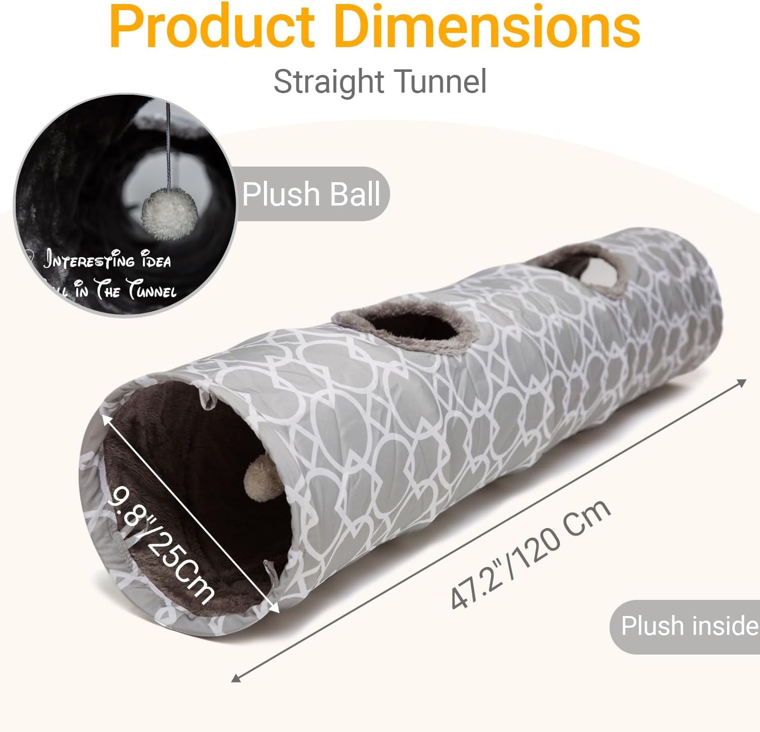 Geometric Straight Cat Tunnel with Plush Inside,Cats Toys Collapsible Tunnel Tube with Balls, for Rabbits, Kittens, Ferrets,Puppy and Dogs, Diameter 9.8 Inch