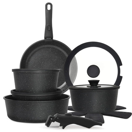 Cuisinluv 15PCS Pots and Pans Set Non Stick Kitchen Cookware Sets with Detachable Handle Ceramic Cookware Sets Non Stick RV Cookware Cooking Set Dishwasher ＆ Oven Safe PFOA Free Black