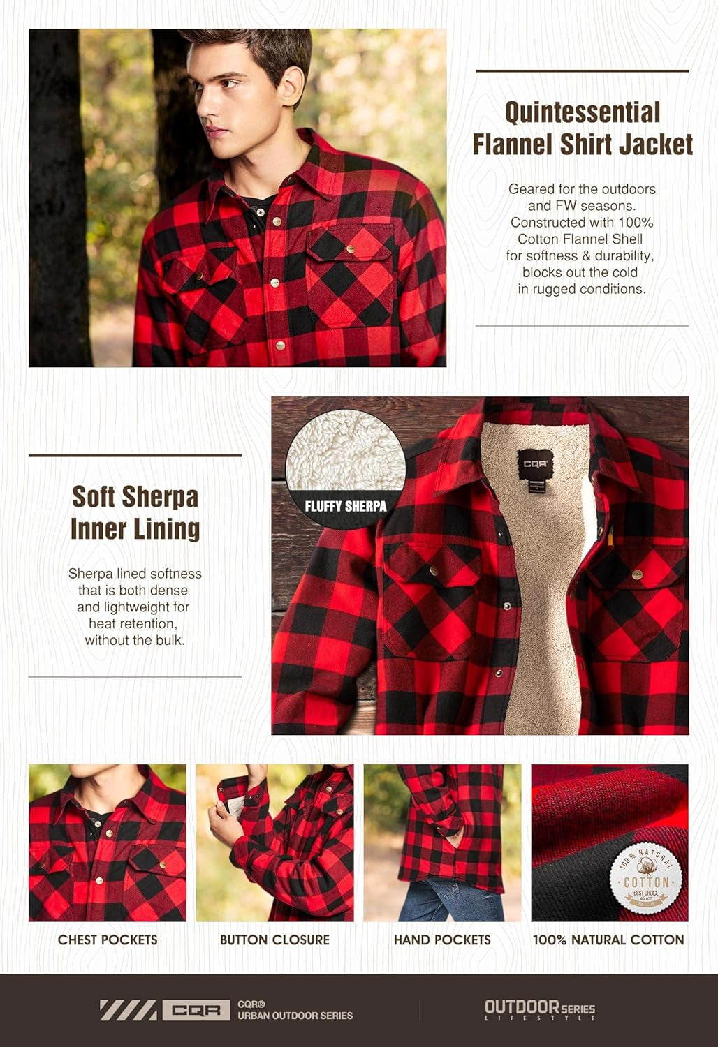 Men'S Sherpa Lined Flannel Shirt Jacket, Soft Long Sleeve Rugged Plaid Button up Jacket