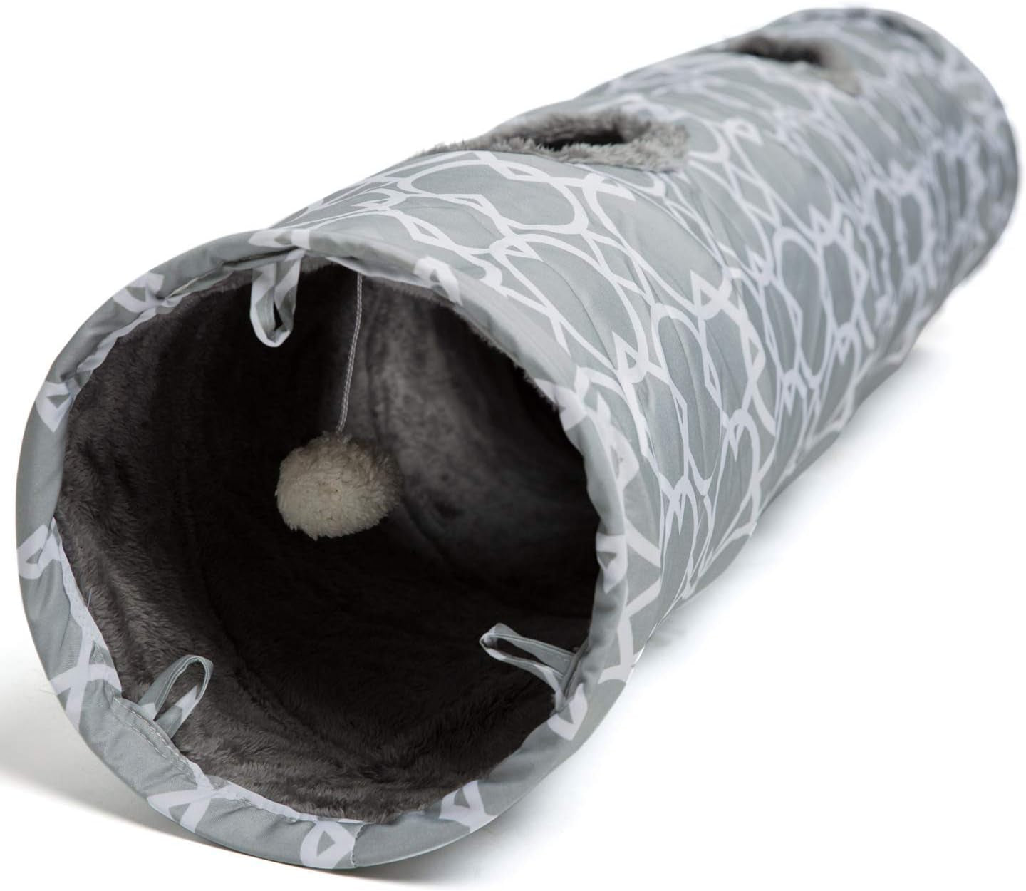 Geometric Straight Cat Tunnel with Plush Inside,Cats Toys Collapsible Tunnel Tube with Balls, for Rabbits, Kittens, Ferrets,Puppy and Dogs, Diameter 9.8 Inch